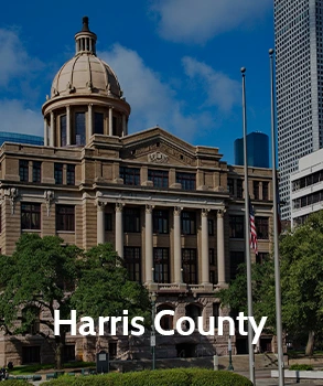 Harris County Courthouse with its large dome and historic columns surrounded by trees and city buildings, representing Harris County court records and legal services.