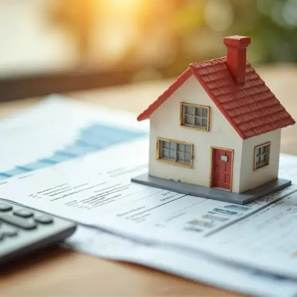 Calculator and miniature house on property tax documents, symbolizing property tax reduction, assessment review, and tax protest services for homeowners.